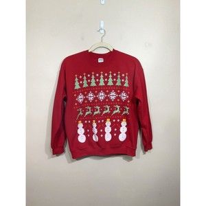 Womens Pixel Ugly Christmas Sweater Sweatshirt L Red Reindeer Snowman Snowflakes